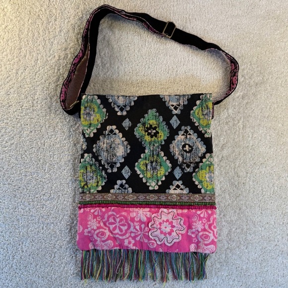 Mudd Handbags - Y2K Mudd Boho Floral Print Shoulder Bag Crossbody Teal‎ Lining Snap Close Fringe